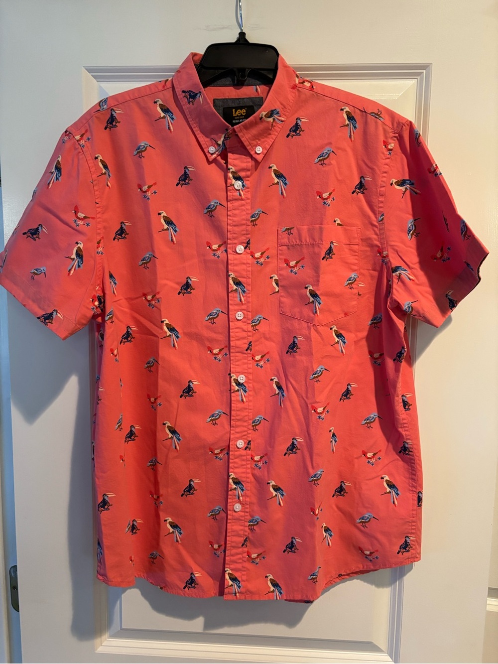 Lee Mens Large Coral Bird Print Short Sleeve Button Down Shirt 100% Cotton